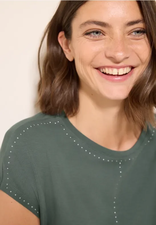 Thumbnail - Cecil Damen T-Shirt mit Dekosteinen in Grün, Gr: XL