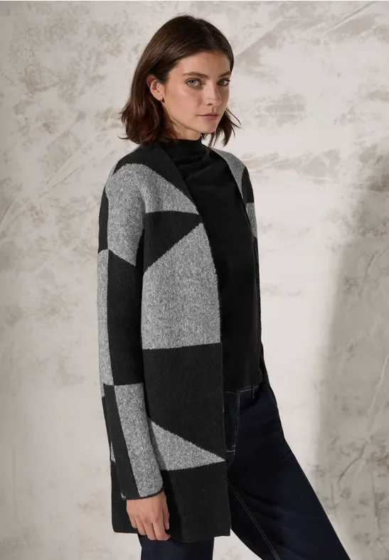 Thumbnail - Cecil Damen Gemusterte Strickjacke in Schwarz, Gr: XL