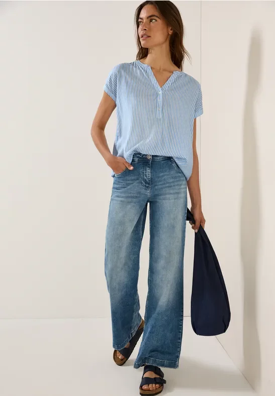 Cecil Damen Gestreifte Kurzarmbluse in Blau, Gr: L