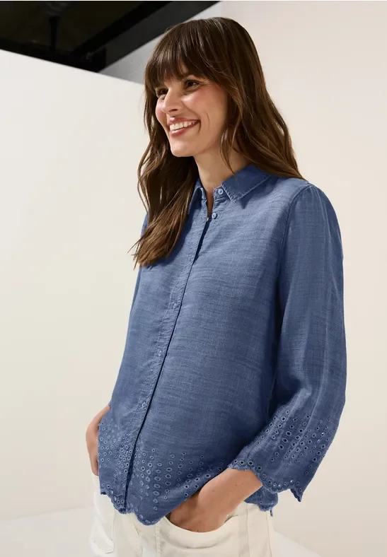 Cecil Damen Lyocellbluse mit Stickerei in Blau, Gr: L