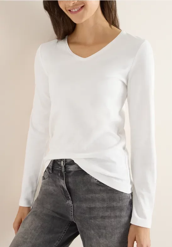 Cecil Damen V-Neck Langarmshirt in Weiß, Gr: 3XL