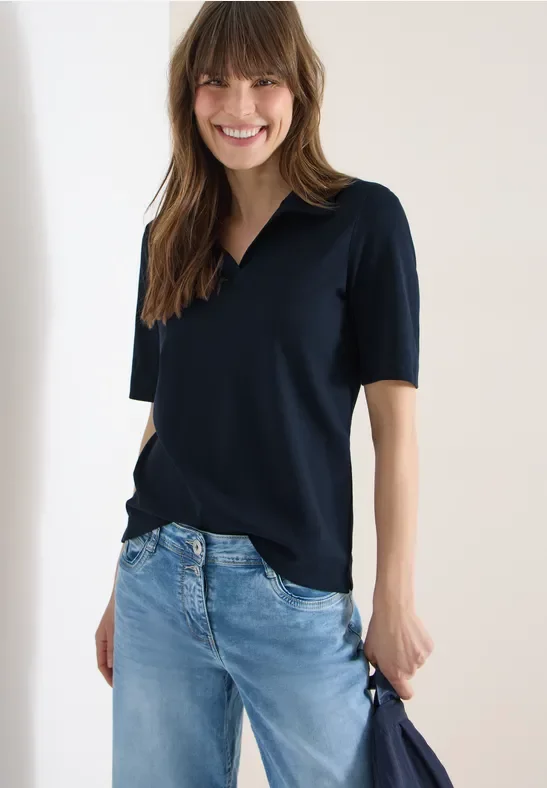 Cecil Damen Kurzarm Poloshirt in Unifarbe in Blau, Gr: M
