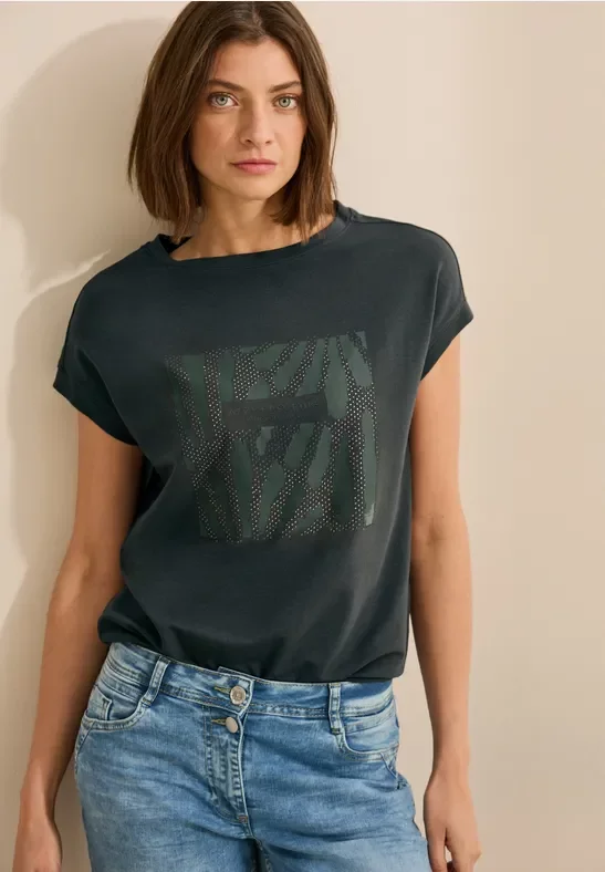 Cecil Damen T-Shirt mit Glitzer-Print in Grün, Gr: L