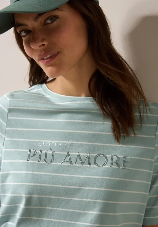 Cecil Damen Streifenshirt mit Wording in Grün, Gr: XS