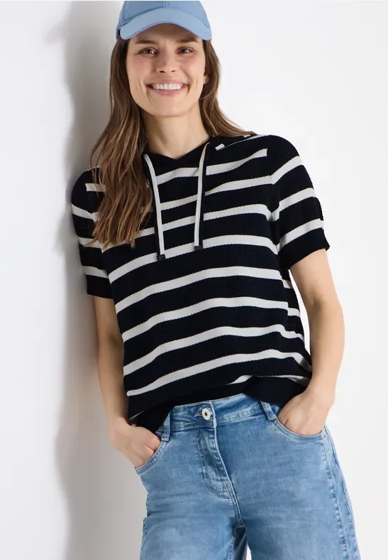 Cecil Damen Kurzarm Pullover mit Kapuze in Blau, Gr: L