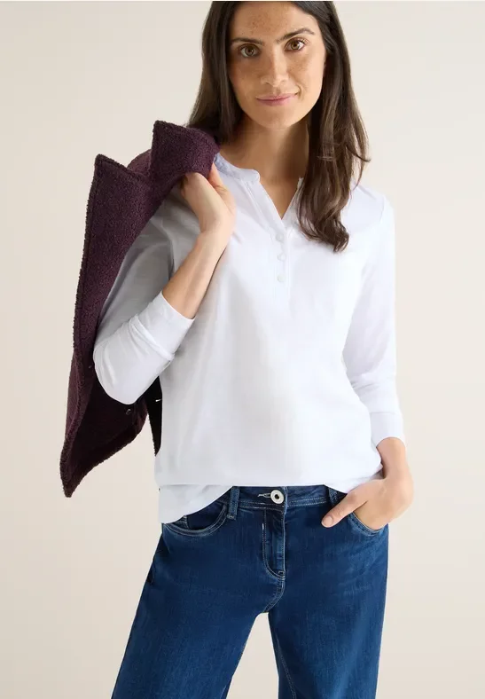 Cecil Damen Split Neck Langarmshirt in Weiß, Gr: XL