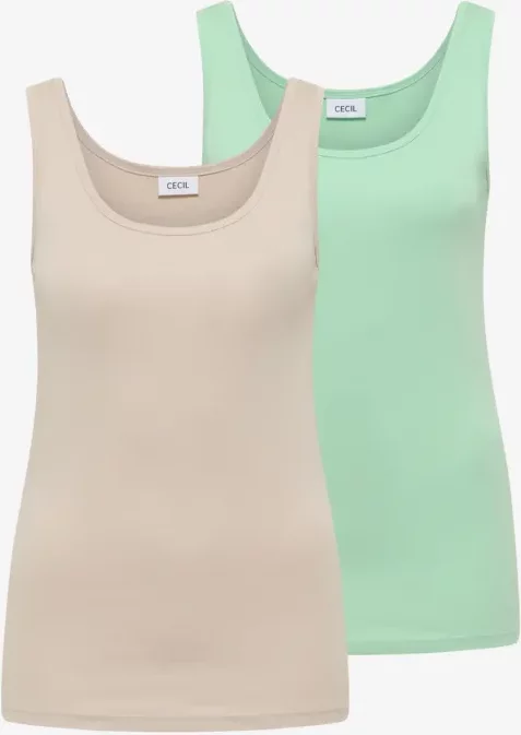 Cecil Damen Basic Top mit Rundhals im 2er-Pack in Multicolour|Grün|Beige, Gr: XXL