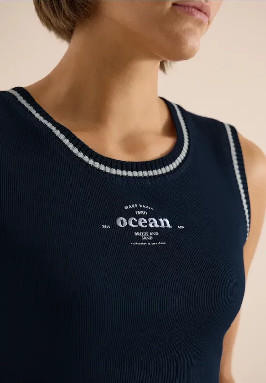 Cecil Damen Top mit Rundhals und Kontrastdetails in Blau, Gr: XL