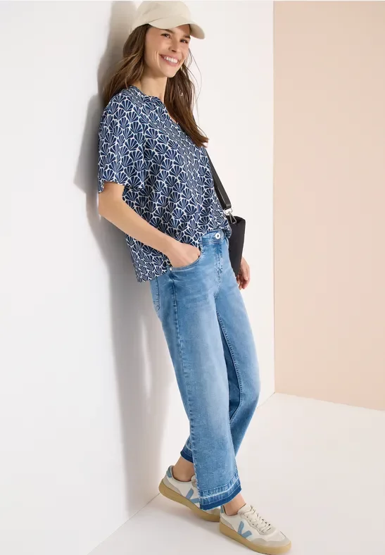Cecil Damen Kurzarm Bluse mit Muschelprint in Blau, Gr: L