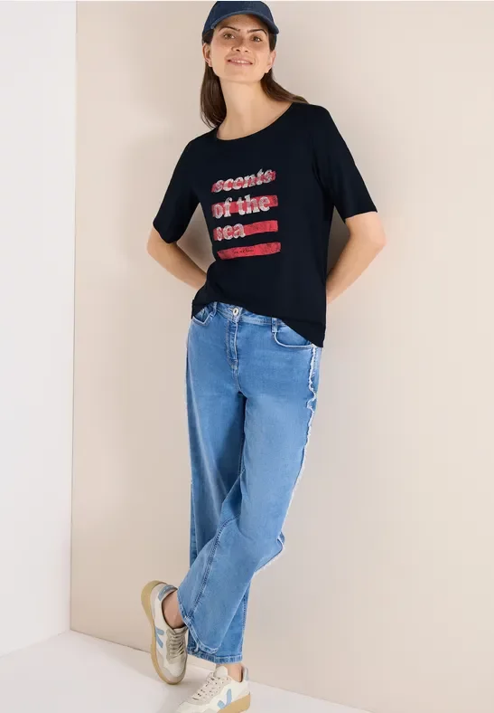 Cecil Damen T-Shirt mit Boatneck und Wording in Blau, Gr: M