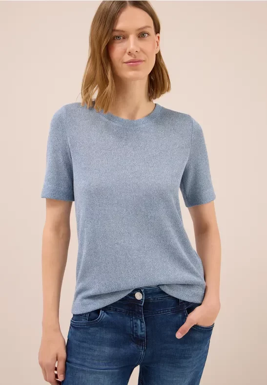 Thumbnail - Cecil Damen Leichtes Strick-Look T-Shirt in Blau, Gr: XS