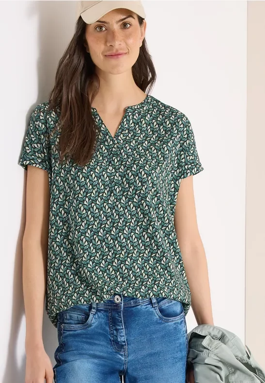 Cecil Damen Bluse mit Split Neck und Minimal Print in Grün, Gr: M