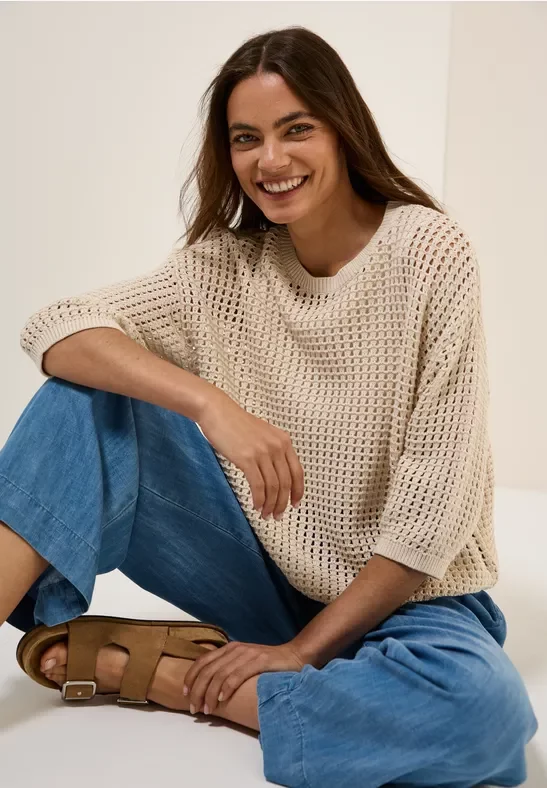 Cecil Damen Pullover im Häkel-Optik in Beige, Gr: XS