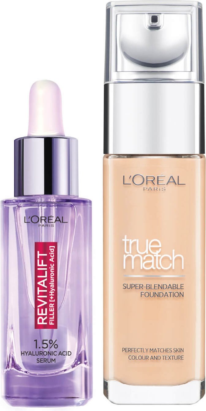 L'Oreal Paris Hyaluronic Acid Filler Serum und True Match Hyaluronic Acid Foundation Duo (verschiedene Farbtöne) - 4W Go...