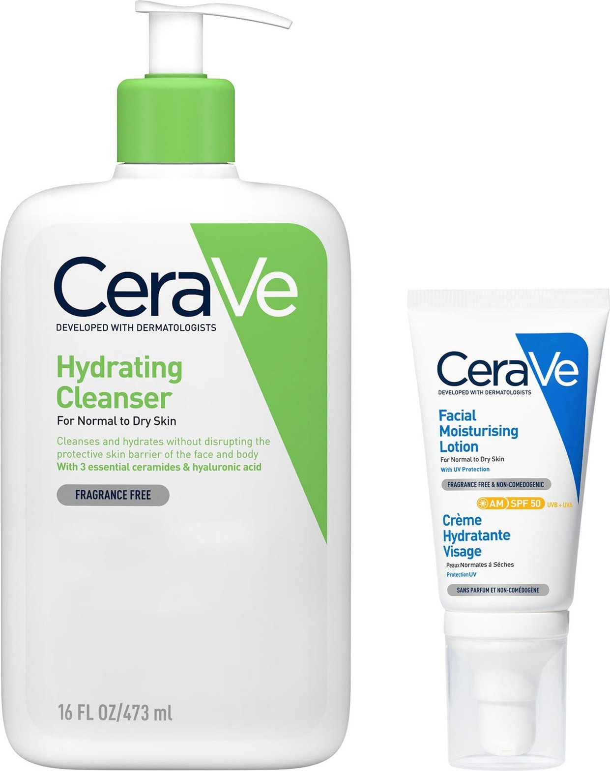 CeraVe Cleanse and Protect Face Routine for Dry Skin, Hydrating Cleanser and Facial Moisturiser with SPF 50