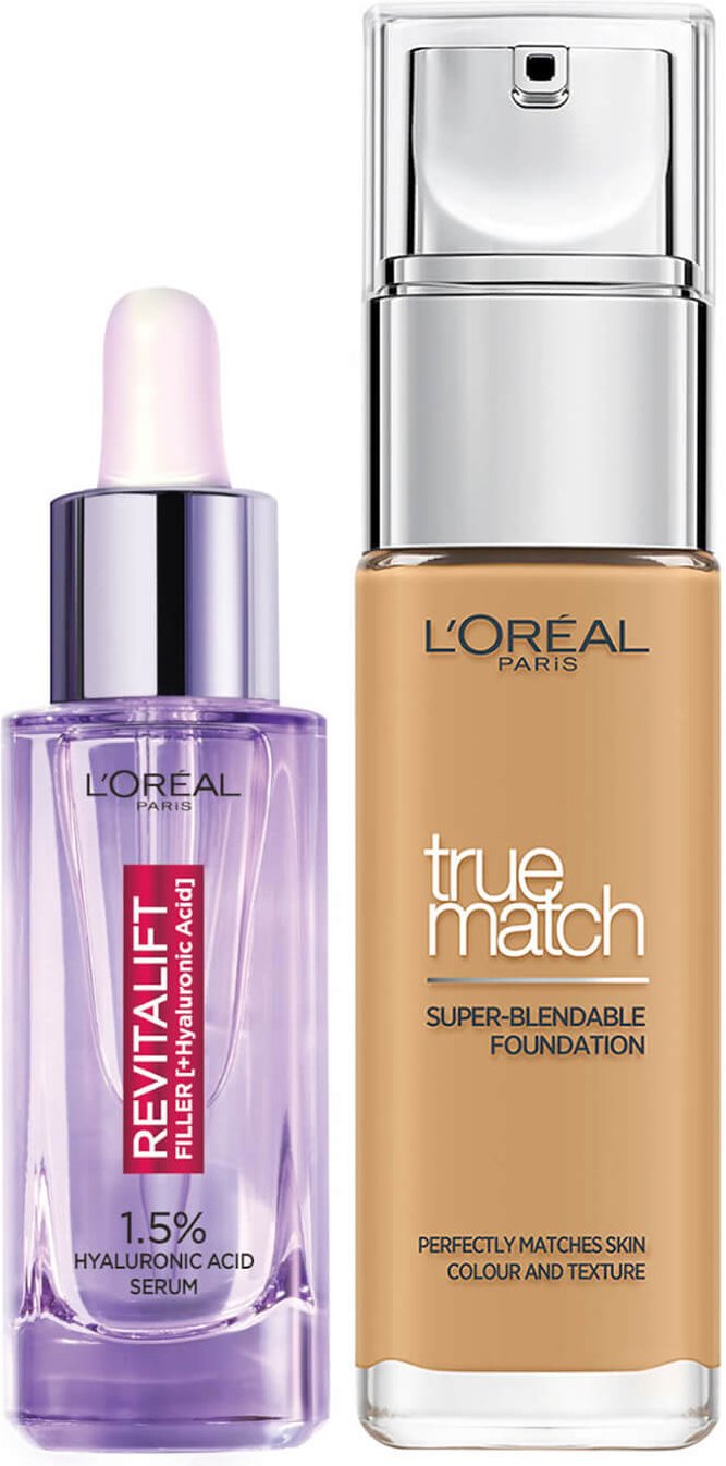 L'Oreal Paris Hyaluronic Acid Filler Serum und True Match Hyaluronic Acid Foundation Duo (verschiedene Farbtöne) - 6W Go...