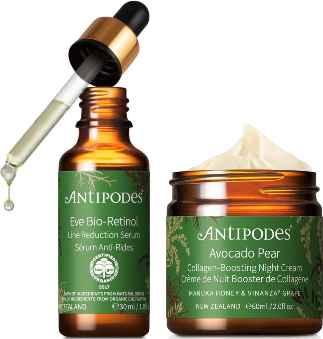 Antipodes Eve Bio-Retinol Line Reduction Serum 30ml, Avocado Pear Collagen-Boosting Night Cream 60ml Bundle