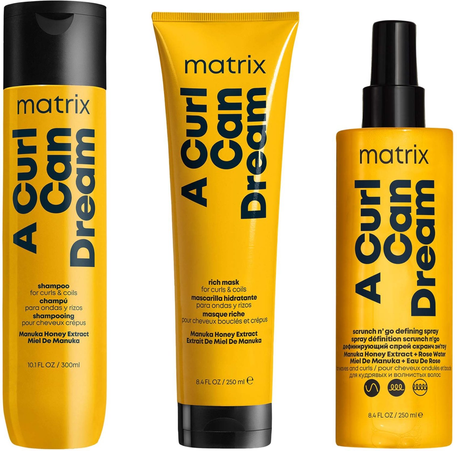 Matrix A Curl Can Dream Shampoo Hair Mask and Scrunch 'N' Go Defining Spray for Wavy and Curly Hair