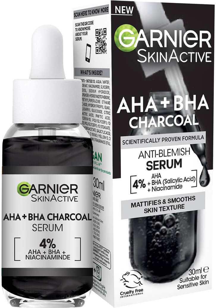 Garnier Skinactive 4 % AHA BHA und Nicotinamid-Kohle-Serum, Erneuert und Glättet die Hautstruktur 30 ml