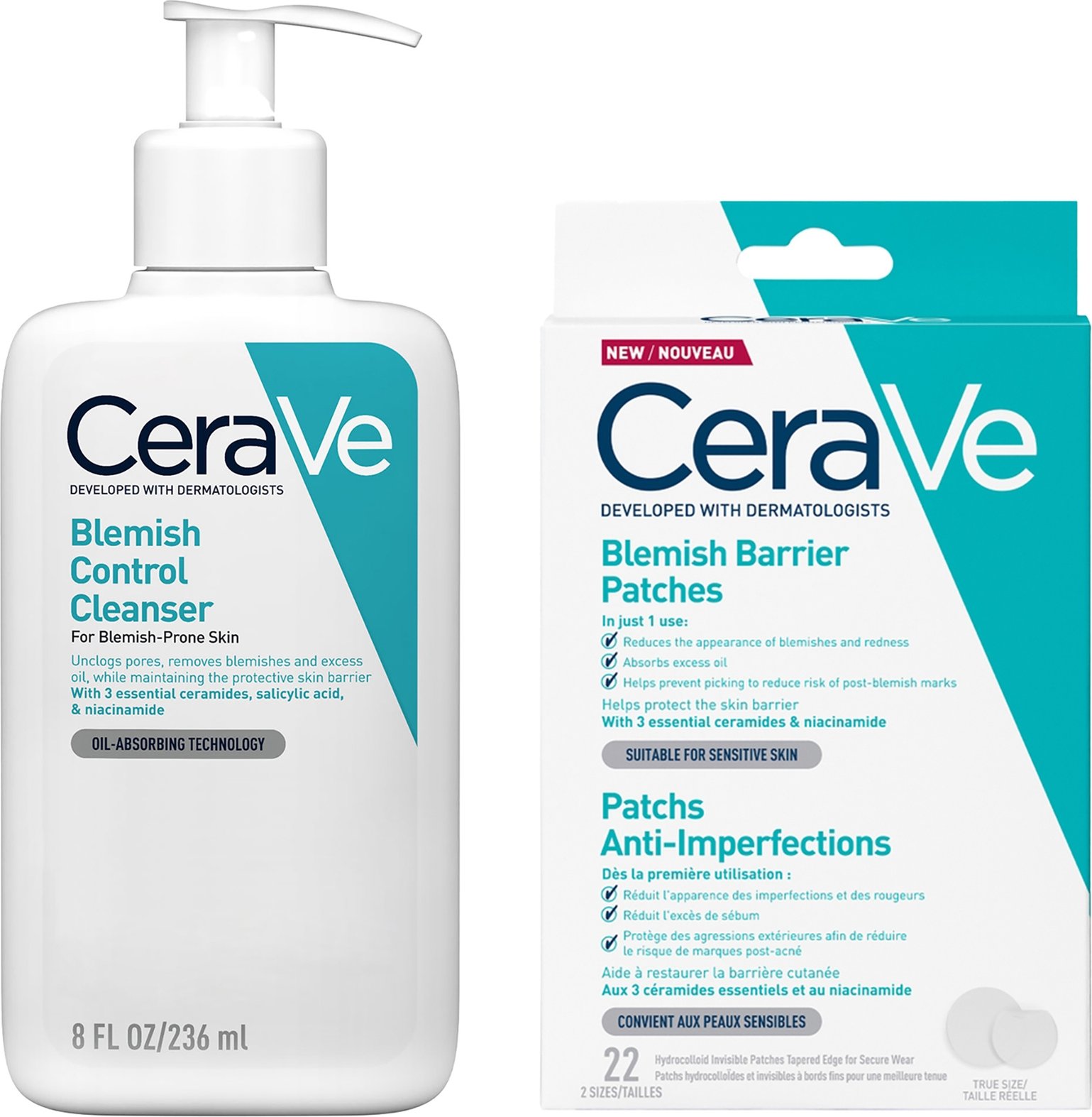 CeraVe Breakout SOS Routine: CeraVe Blemish Control Cleanser Face Wash + Blemish Barrier Patches Pack of 22