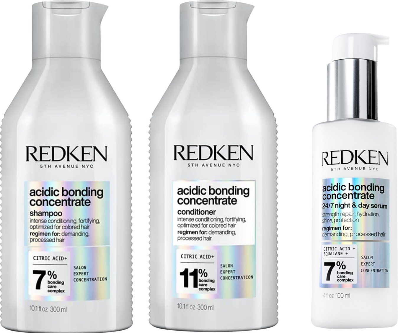 Redken Acidic Bonding Concentrate Shampoo 300ml, Conditioner 300ml and 24/7 Night & Day Serum 100ml Repair Damaged Hair ...