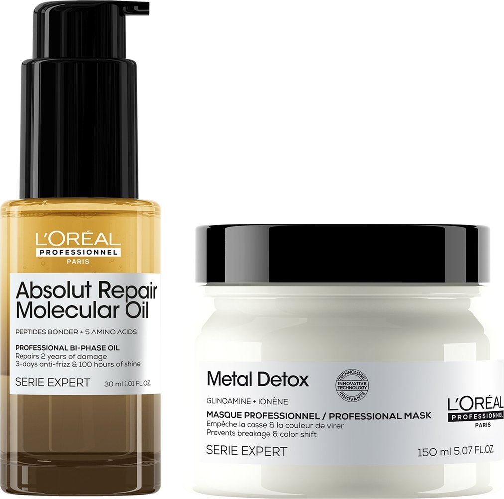 L'Oréal Professionnel Ultimate Repair Treatment Set: Metal Detox Hair Mask 150ml & Absolut Repair Molecular Bi-Phase Hai...