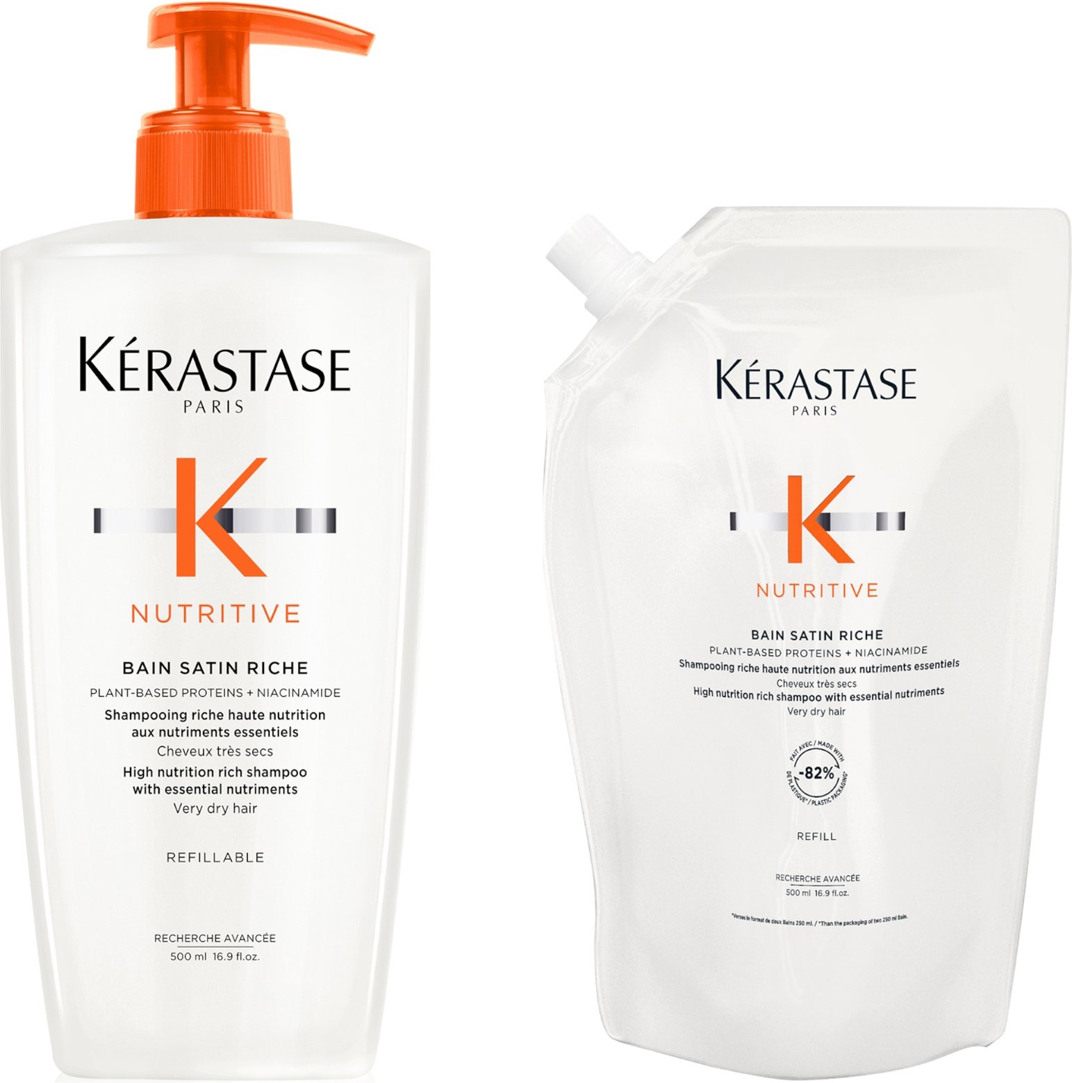 Kérastase Nutritive Bain Satin Riche Refillable Shampoo and Refill Pouch Duo for Fine to Medium Dry Hair with Niacinamid...