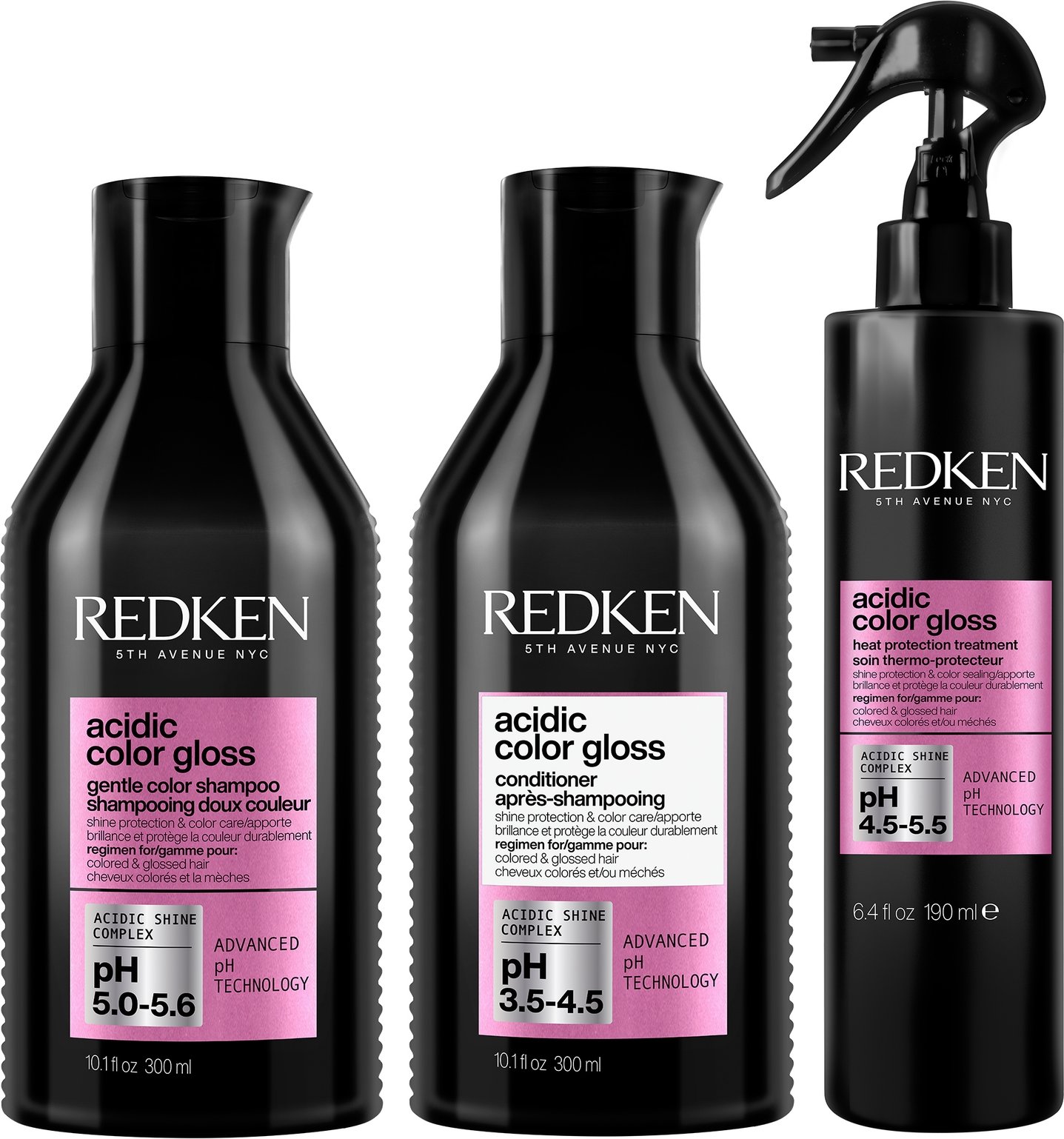 Redken Acidic Color Gloss Shampoo, Conditioner 300ml and Heat Protection Treatment 190ml Bundle