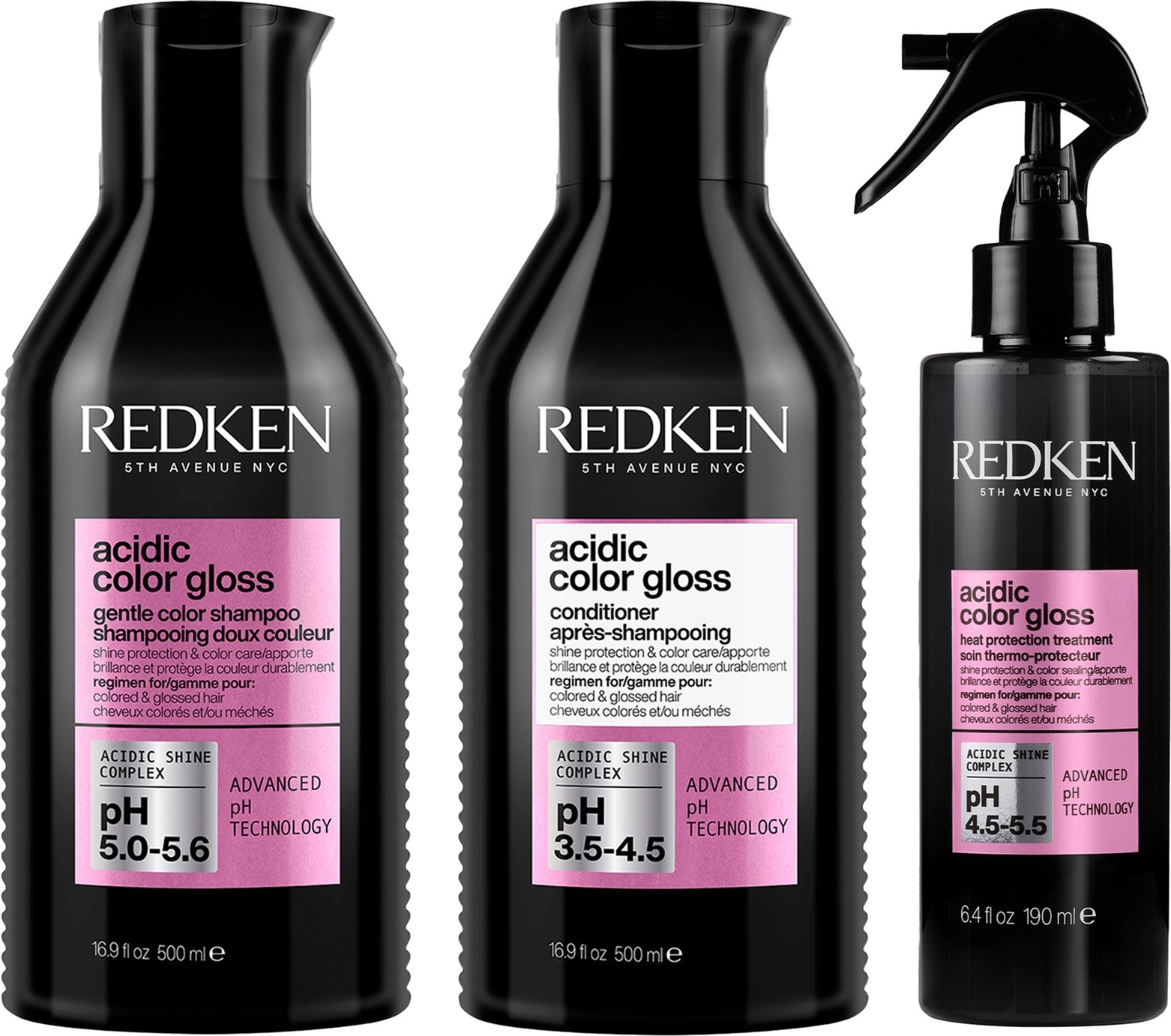Redken Acidic Color Gloss Sulphate-Free Shampoo and Conditioner 500ml and Heat Protection Leave-in Treatment 190ml Bundl...