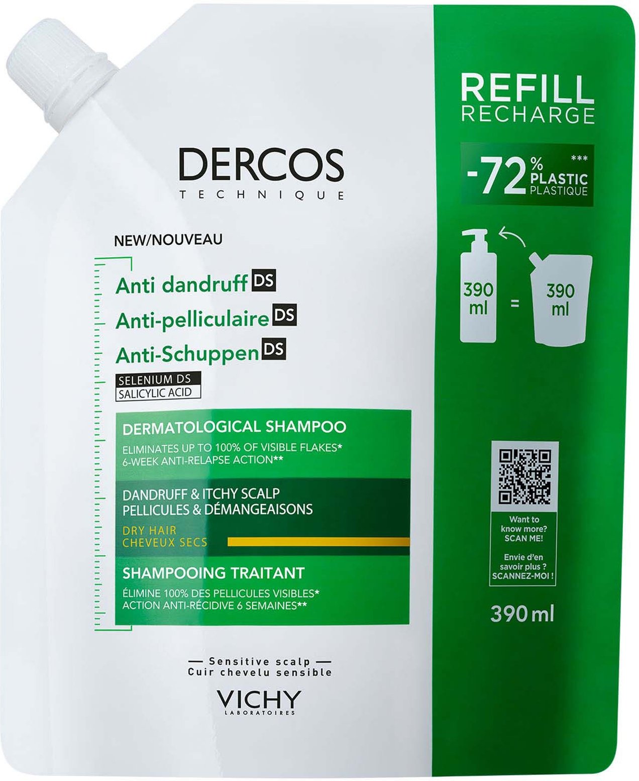 Vichy Dercos Anti-Dandruff Dermatological Shampoo for Dry Hair Refill 390ml