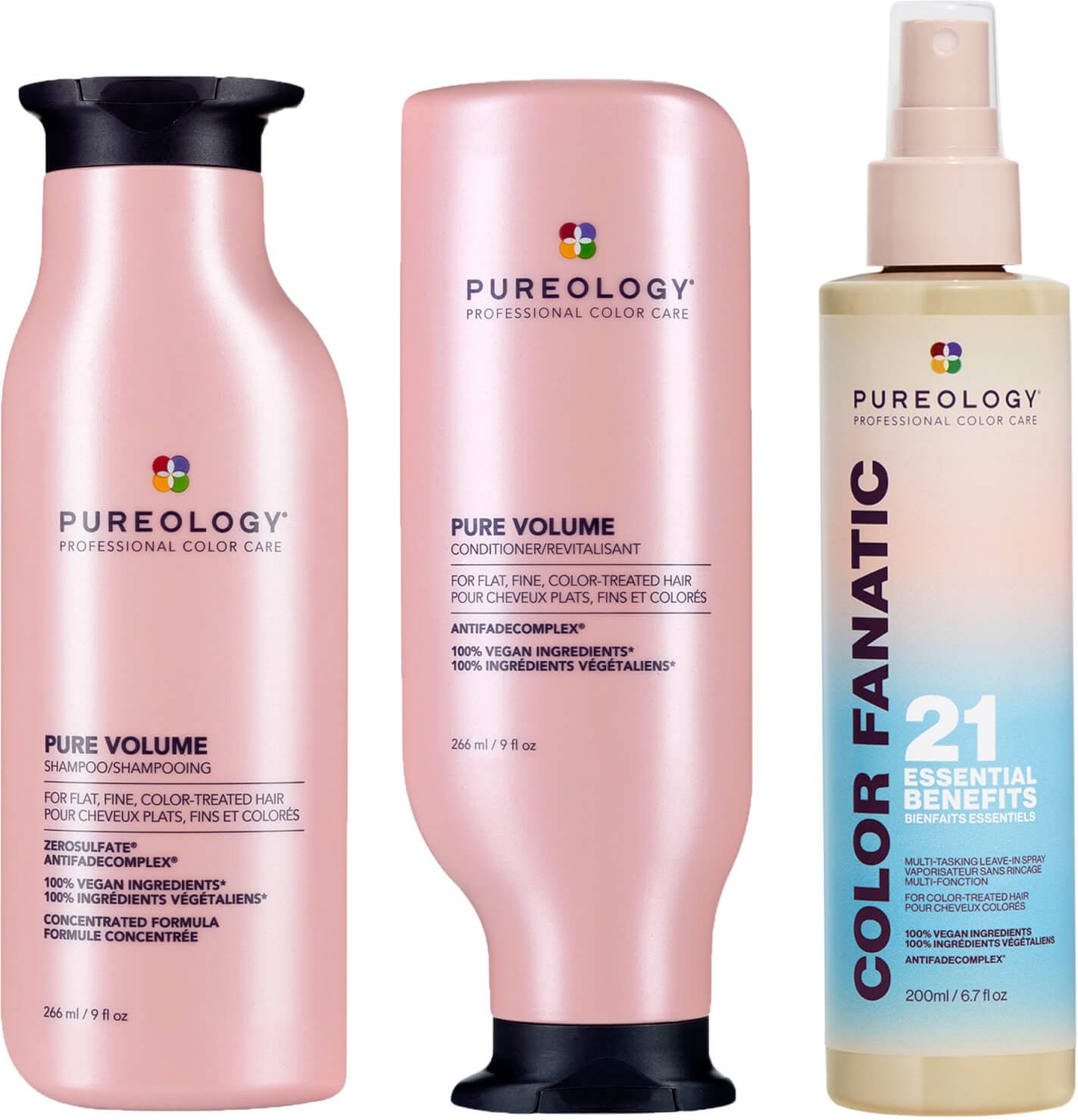 Pureology Pure Volume Shampoo, Conditioner and Color Fanatic Spray Routine for Flat and Fine Hair