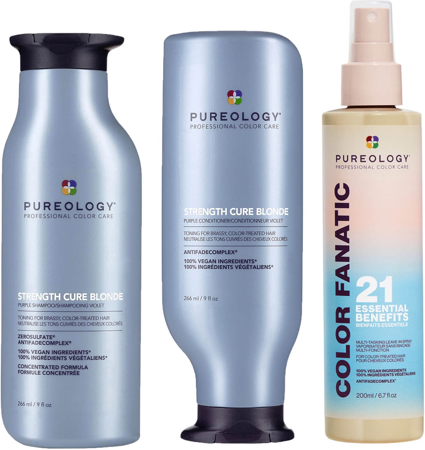 Pureology Strength Cure Blonde Purple Shampoo, Conditioner and Color Fanatic Spray Routine for Toning Brassy Hair