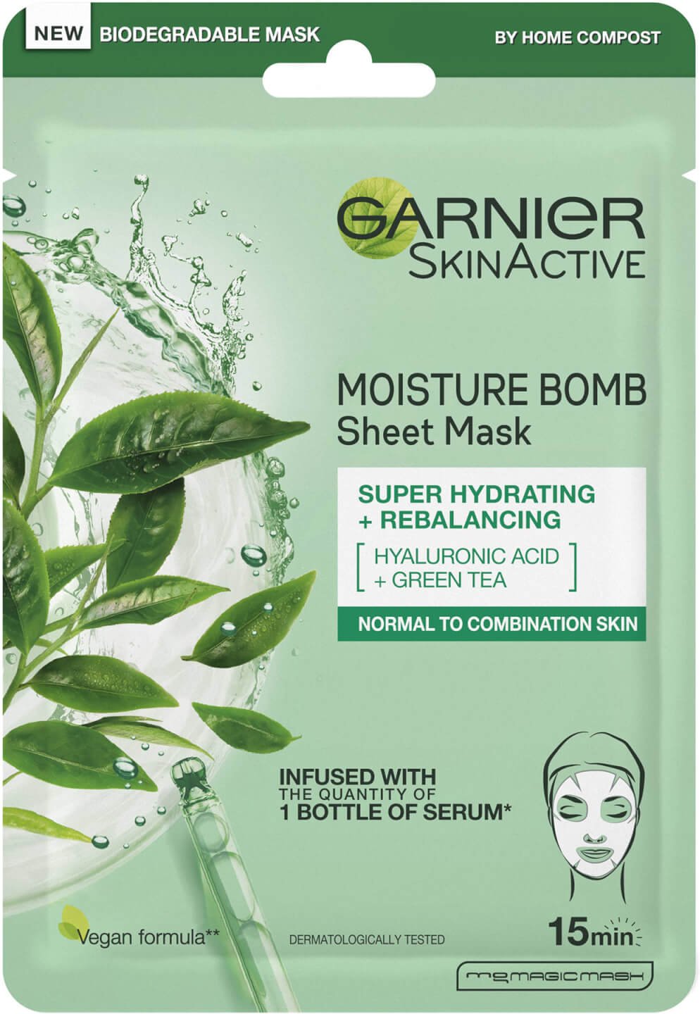 Garnier Moisture Bomb Grüner Tee Feuchtigkeitsspendende Gesichtstuchmaske für Mischhaut 32 g