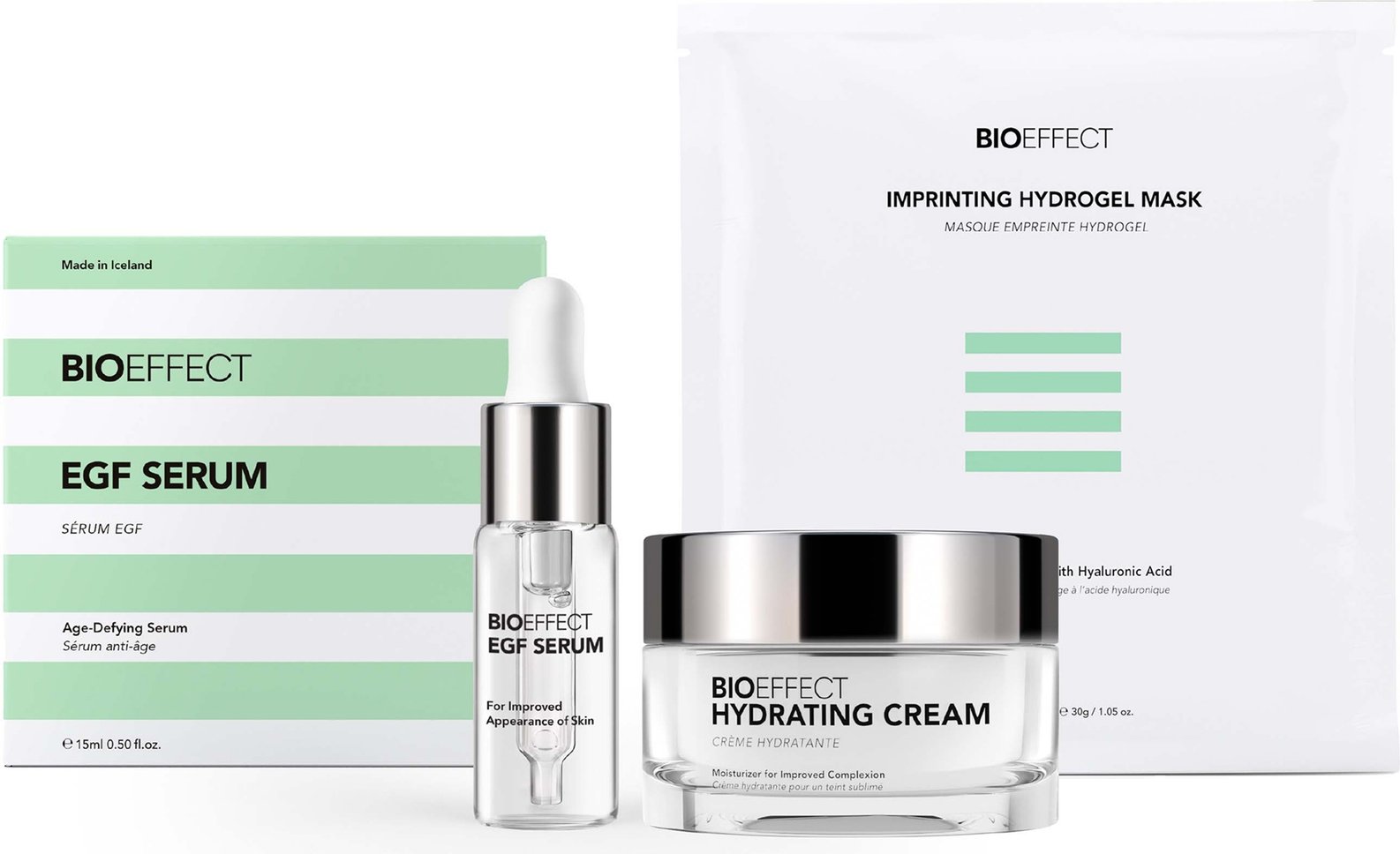 BIOEFFECT Icons Set including EGF Serum, Hydrating Cream 50ml and Imprinting Hydrogel Mask 25g