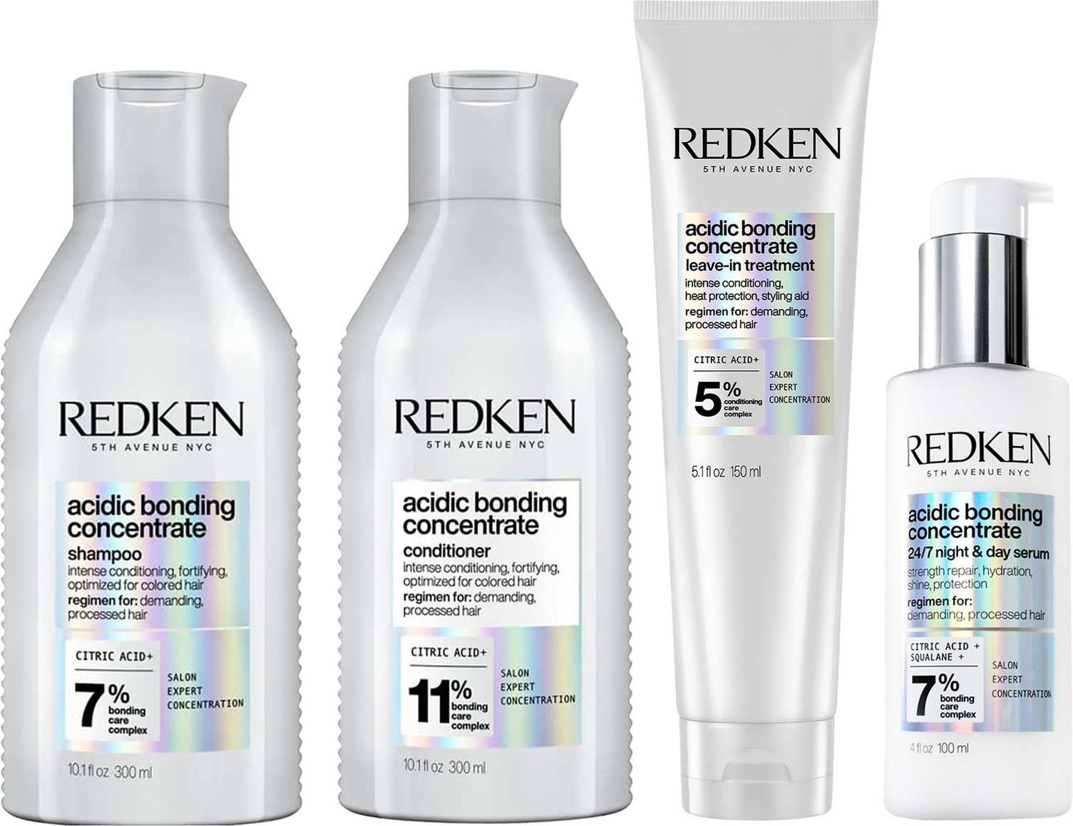 Redken Acidic Bonding Concentrate Shampoo 300ml, Conditioner 300ml, Leave-in Treatment 150ml and 24/7 Night & Day Serum ...