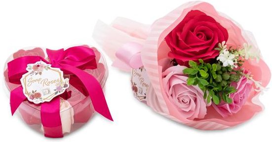 Set Baderosen Strauß pink + Herzbox rot-apricot