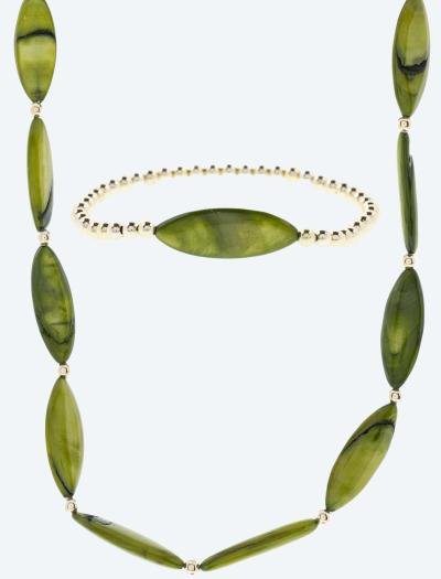 SET Collier und Armband Perlmutt olivgrün
