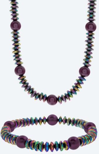 SET Collier+Armband Muschelkernperle, Hämatit