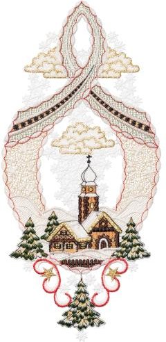 Plauener Spitze Fensterbild Kirche im Winter