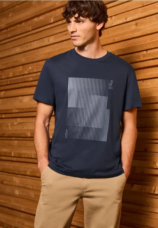 Street One MEN Männer T-Shirt mit Streifen-Print in Blau, Gr: XXL