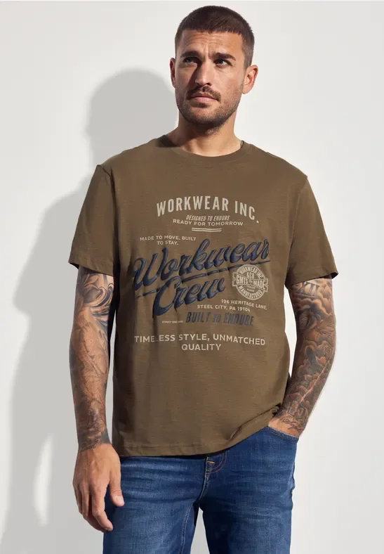 Street One MEN Männer Slub T-Shirt mit Wording in Braun, Gr: XXL