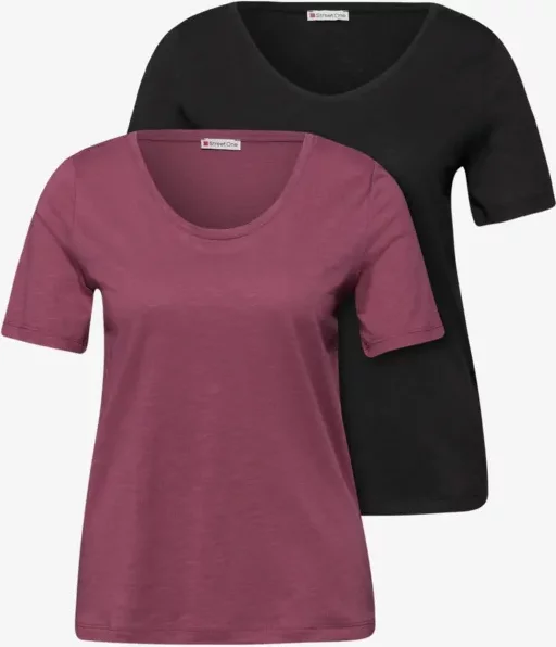 Street One Frauen Basic T-Shirt mit Kurzarm im 2er-Pack in Multicolour|Schwarz|Pink, Gr: 42