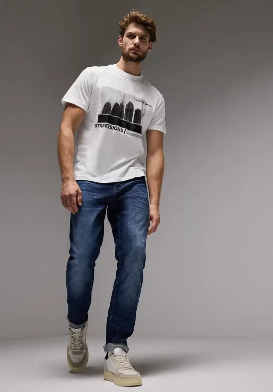 Street One MEN Männer T-Shirt mit Skyline-Print in Weiß, Gr: XXL