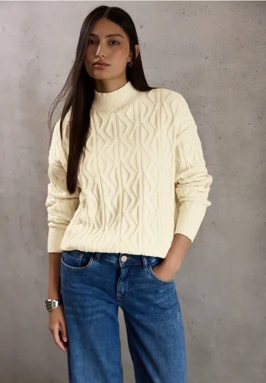 Thumbnail - Street One Studio Frauen Pullover mit Strickmuster in Beige, Gr: 44