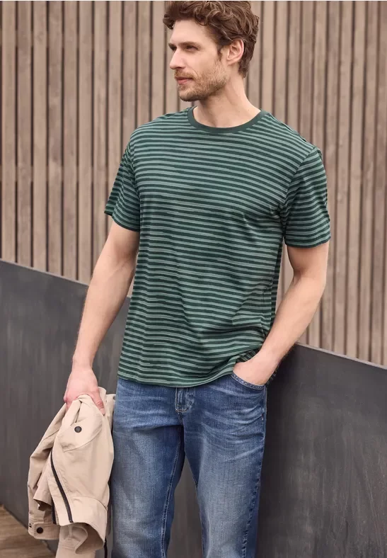 Street One MEN Männer T-Shirt mit Rundhals und Allover-Print in Grün, Gr: L