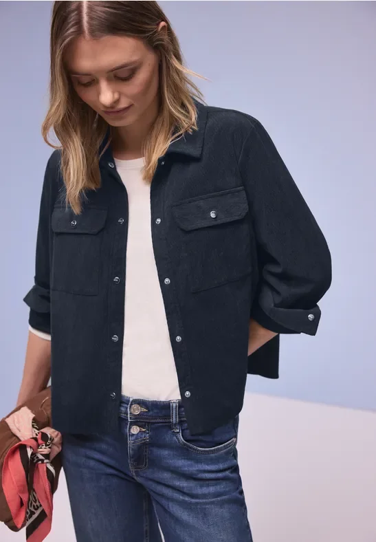Street One Frauen Kurzes Cord Overshirt in Blau, Gr: 40