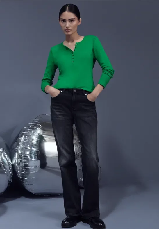 Street One Studio Frauen Rippshirt mit Knöpfen in Grün, Gr: 46