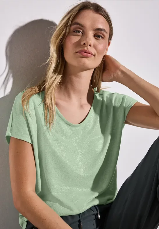 Thumbnail - Street One Frauen Schimmerndes V-Neck Shirt in Grün, Gr: 44