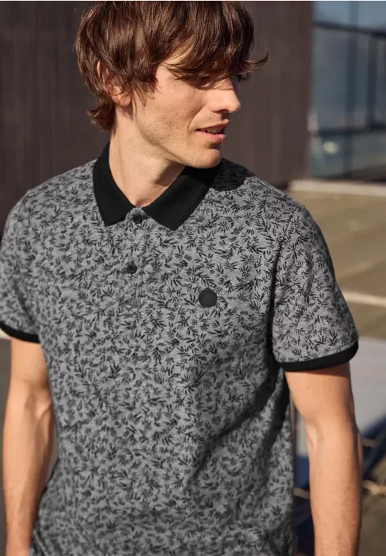 Street One MEN Männer Kurzarm Oxford Poloshirt mit Print in Schwarz, Gr: XL