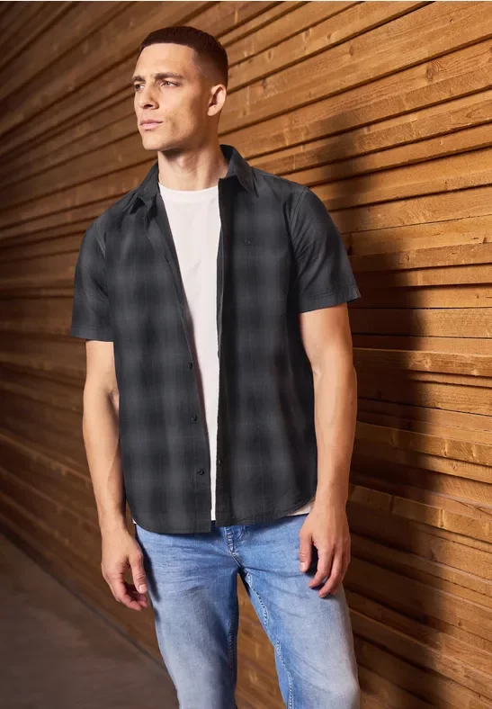 Thumbnail - Street One MEN Männer Kariertes Baumwoll-Hemd in Grau, Gr: L